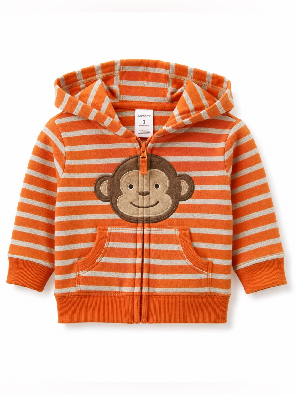 CARTERβS Baby Orange Striped Monkey Face Zip Up Hoodie - Size 3 Months